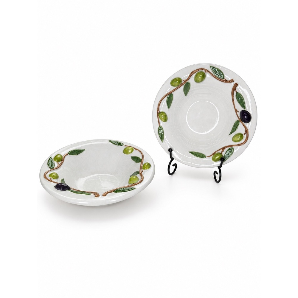 Vintage Italian Ceramic Olive Branch Bowls Set of 2 Hand Painted Italy 7in